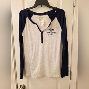 Women's Aeropostale Navy and Gray Henley Top